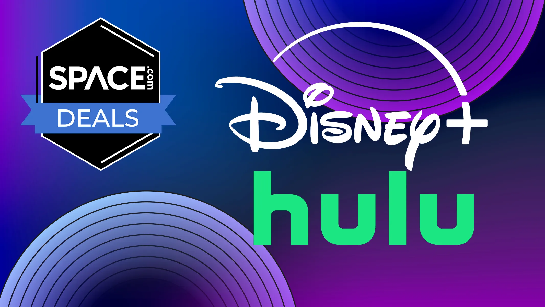 Disney Plus- und Hulu-Logos auf einem violetten Hintergrund mit einem "Space Deals"-Abzeichen.