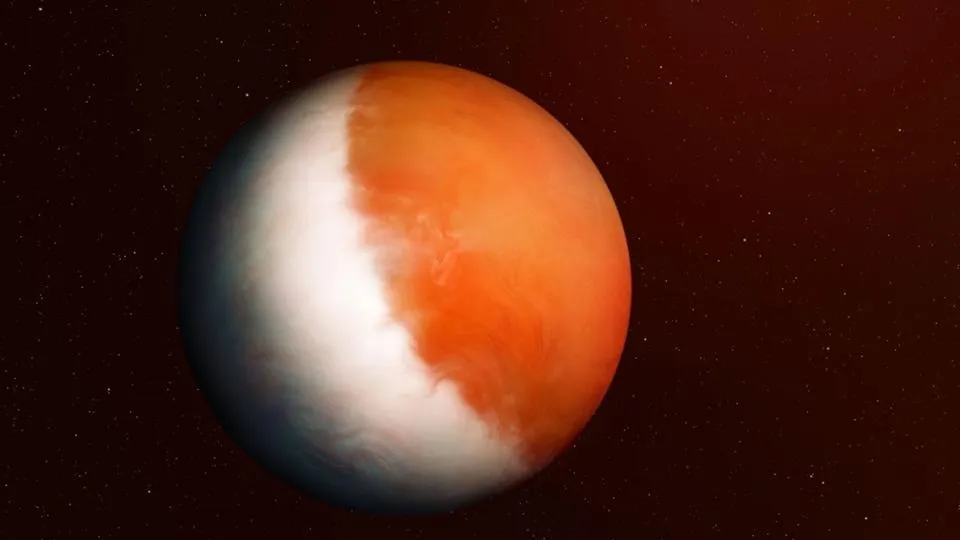 Ein orangefarbener und weißer Planet vor einem Hintergrund aus Sternen.