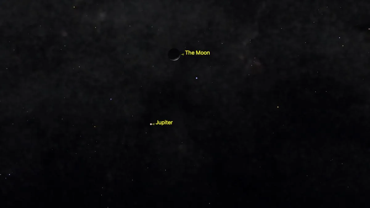 eine Illustration eines kaum sichtbaren Mondes am Nachthimmel neben einem blassgelben Punkt mit der Aufschrift "Jupiter"